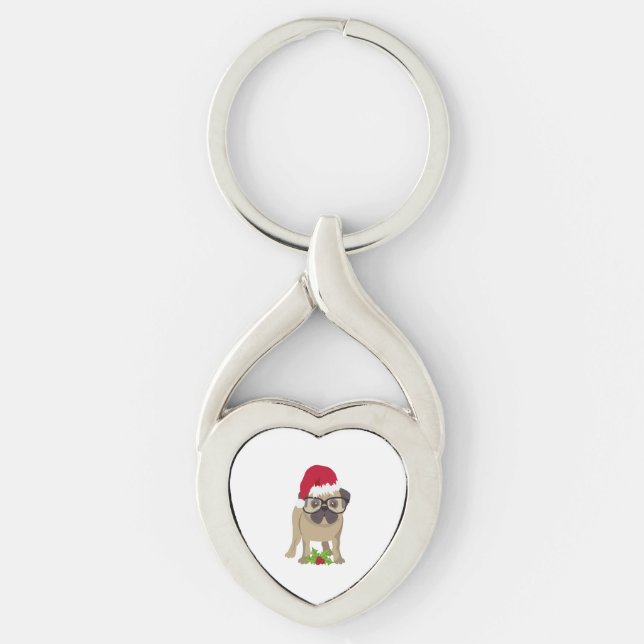 Cute Pug Dog in Christmas Santa Hat.   Key Ring (Front)