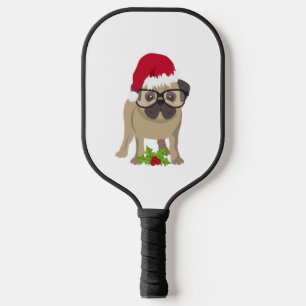 Cute Pug Dog in Christmas Santa Hat. Pickleball Paddle