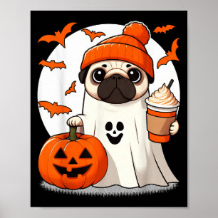 Cute Pug Dog In Ghost Costume Happy Halloween Cost Poster