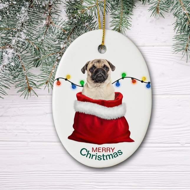 Cute Pug Dog in Holiday Gift Bag Ceramic Tree Decoration (Creator Uploaded)