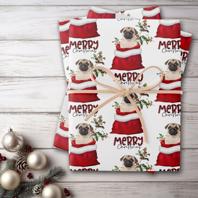 Cute Pug Dog in Holiday Gift Bag Wrapping Paper Sheet (Creator Uploaded)