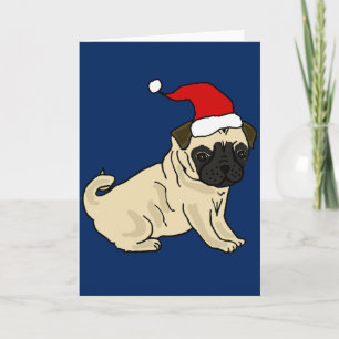 Cute Pug Dog in Santa Hat Christmas Cartoon Holiday Card