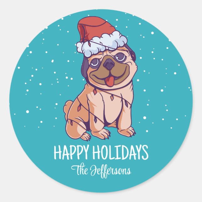 Cute Pug Dog Lover Christmas Snowy Winter Holiday Classic Round Sticker (Front)