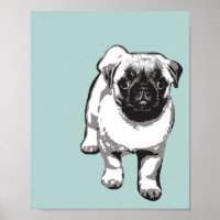 Cute Pug Dog Modern Art Poster Green Black & White