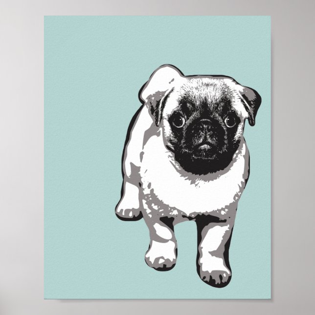 Cute Pug Dog Modern Art Poster Green Black & White (Front)