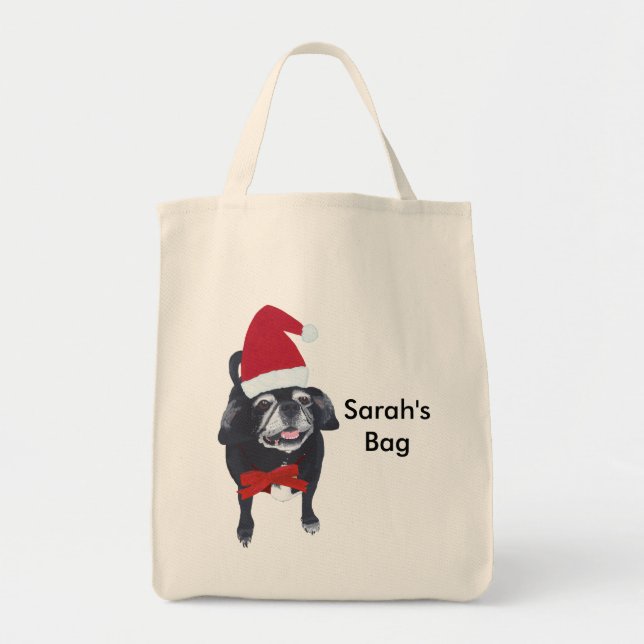 Cute Pug Dog Personalised Christmas Tote Bags (Front)