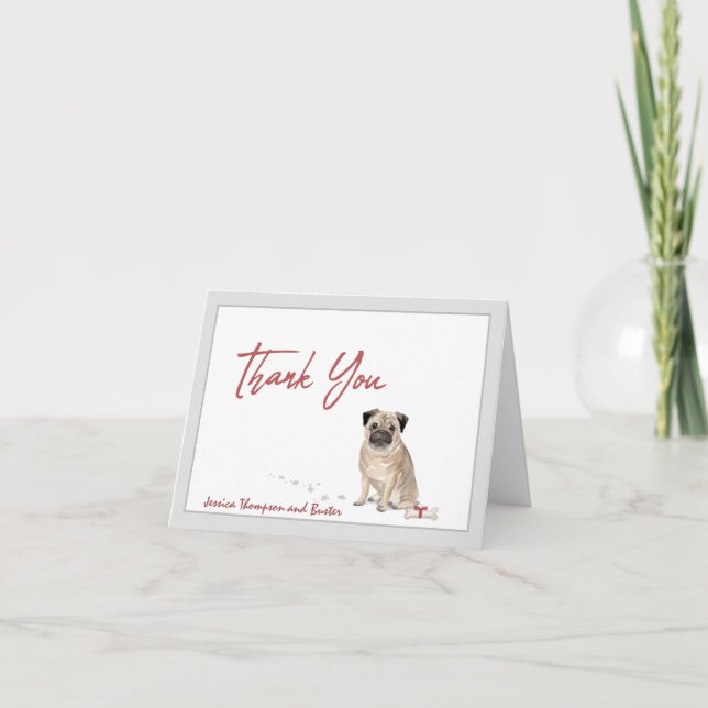 Cute Pug Dog Personalized with Bone and Ribbon    Thank You Card (Front)