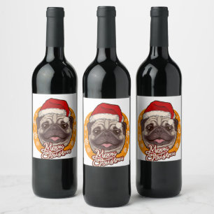 Cute Pug Dog Santa Hat With Snowflakes Christmas Wine Label