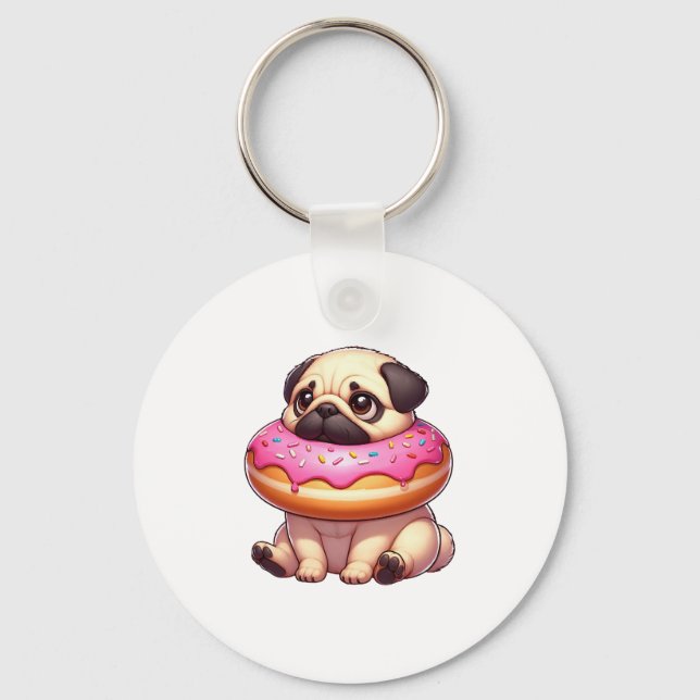Cute pug dog with doughnut snacking dessert key ring (Front)