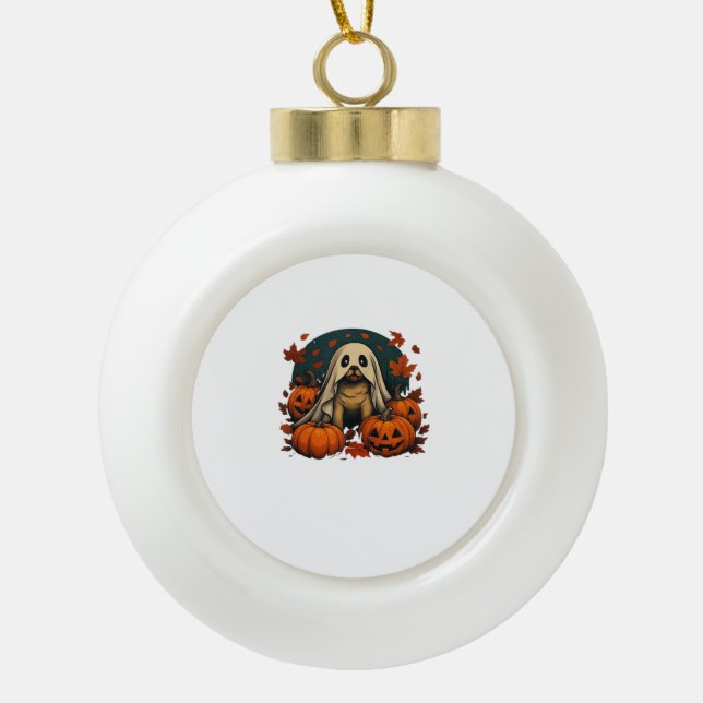 Cute Pug Dog With Pumpkins Fall Halloween Classic  Ceramic Ball Christmas Ornament (Front)