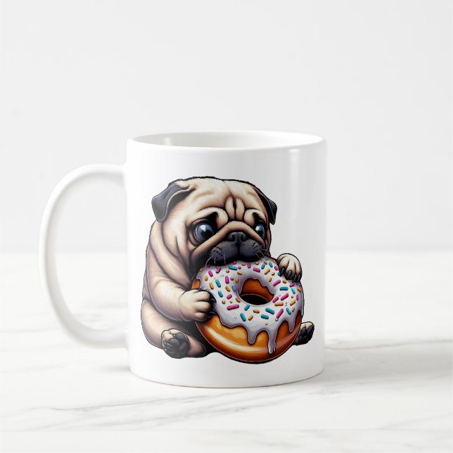 Cute pug doughnut cartoon funny munching coffee mug (Left)
