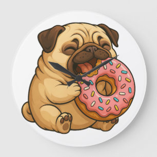 Cute pug doughnut cartoon funny munching  large clock