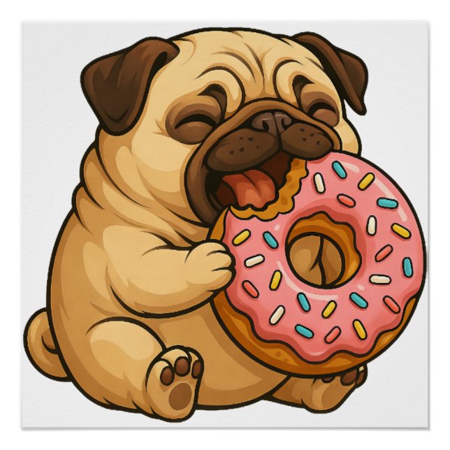 Cute pug doughnut cartoon funny munching  poster (Front)