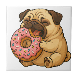 Cute pug doughnut cartoon funny munching tile
