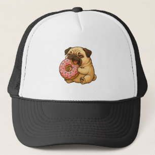 Cute pug doughnut cartoon funny munching  trucker hat