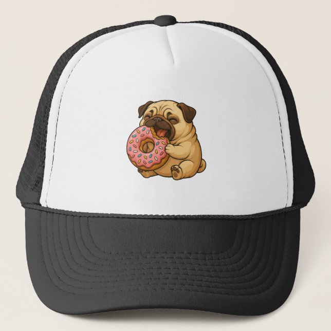 Cute pug doughnut cartoon funny munching  trucker hat (Front)