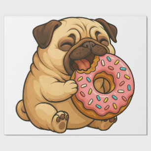 Cute pug doughnut cartoon funny munching wrapping paper