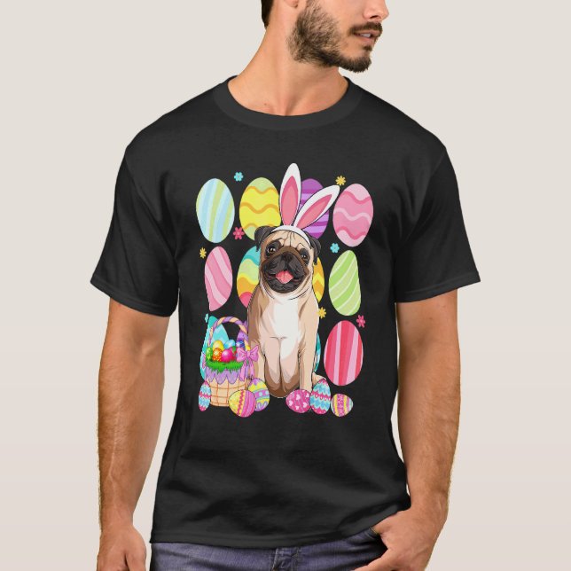 Cute Pug Easter Bunny Ear Colourful Easter Egg Bas T-Shirt (Front)