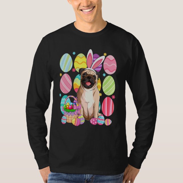 Cute Pug Easter Bunny Ear Colourful Easter Egg Bas T-Shirt (Front)