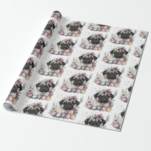 Cute pug Easter watercolor floral  Wrapping Paper