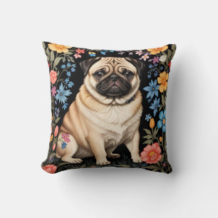 Cute Pug Elegant Colorful Floral Cushion