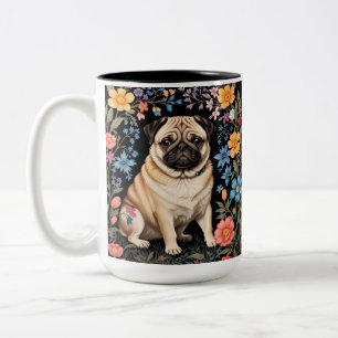 Cute Pug Elegant Colorful Floral Two-Tone Coffee Mug
