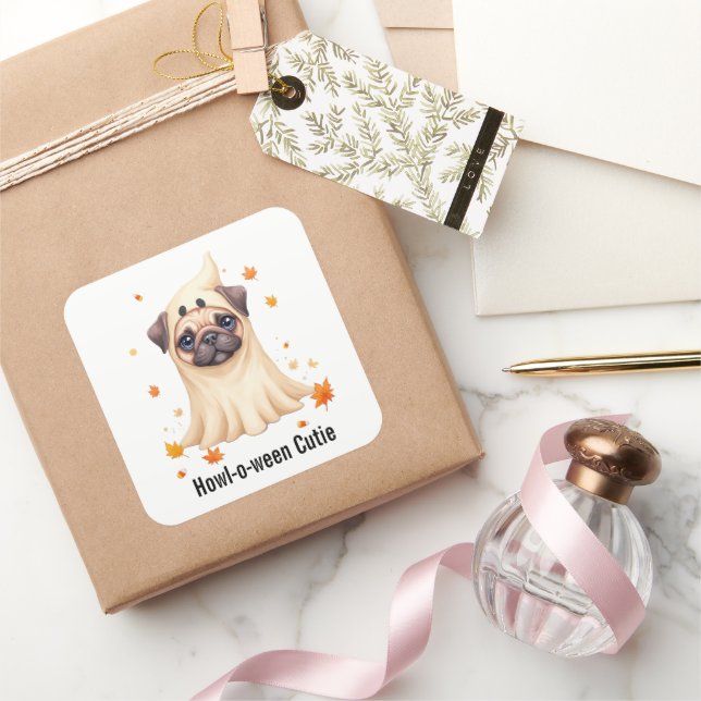 Cute Pug Ghost Halloween Watercolor Illustration Square Sticker (Gifting)