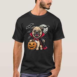 Cute Pug Halloween Dracula Dog with Pumpkin and Ba T-Shirt