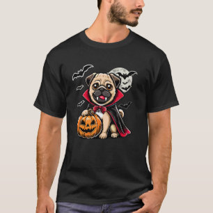 Cute Pug Halloween Dracula Dog with Pumpkin and Ba T-Shirt
