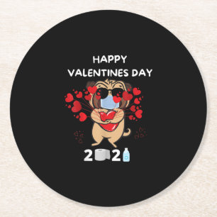 Cute Pug Heart Face Mask Happy Valentines Day 2021 Round Paper Coaster