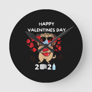 Cute Pug Heart Face Mask Happy Valentine's Day Round Clock