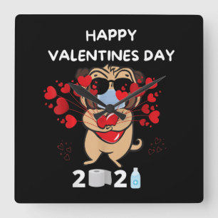 Cute Pug Heart Face Mask Happy Valentine's Day Square Wall Clock