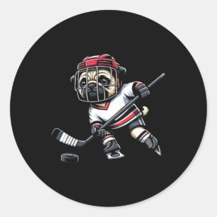 Cute Pug Hockey Player Dog For Men Women Girls Kid Classic Round Sticker