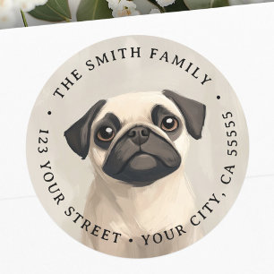 Cute pug illustration return address classic round sticker