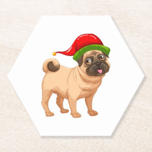 Cute Pug in a Christmas Elf Hat   Paper Coaster