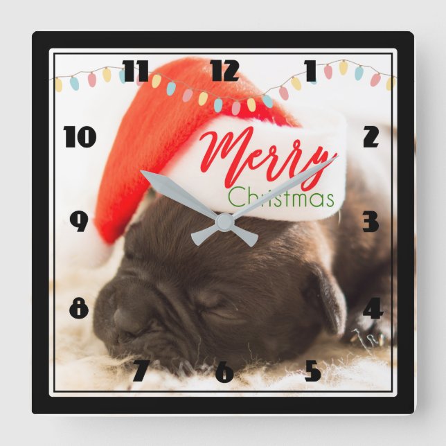 Cute Pug in a Red Santa Hat Merry Christmas Square Wall Clock (Front)