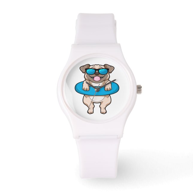 Cute Pug in Blue Float - Cute Animal Lover Watch (Front)