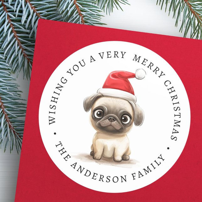 Cute pug in Santa hat illustration family name Classic Round Sticker (Cute pug in Santa hat illustration family name Classic Round Sticker)