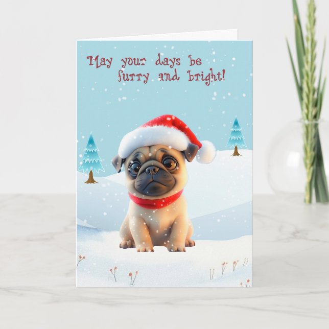 Cute Pug in Snow Christmas Card (Front)