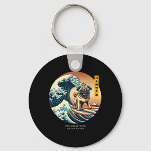 Cute Pug Kanagawa Wave Surfing Japanese Kawaii Vin Key Ring