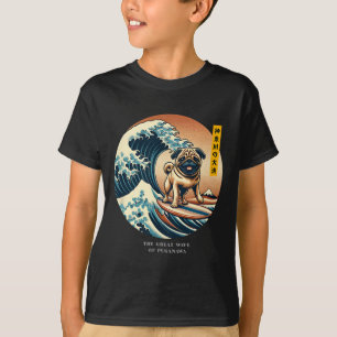Cute Pug Kanagawa Wave Surfing Japanese Kawaii Vin T-Shirt