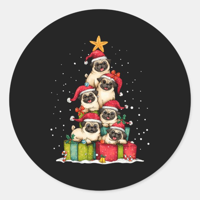 Cute Pug Le Dog Christmas Tree Xmas Hat Long Sleev Classic Round Sticker (Front)