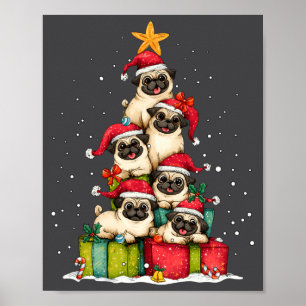 Cute Pug Le Dog Christmas Tree Xmas Hat Long Sleev Poster
