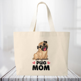 Cute Pug Mum Cartoon Puppy Dog Lover Funny Pugs Large Tote Bag