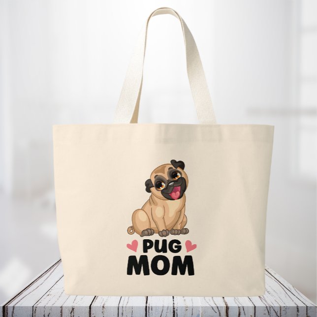 Cute Pug Mum Cartoon Puppy Dog Lover Funny Pugs Large Tote Bag (Creator Uploaded)
