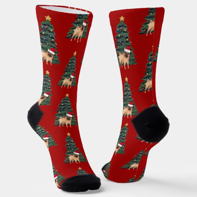 Cute Pug Owner Christmas Tree Red Holiday Socks (Angled)