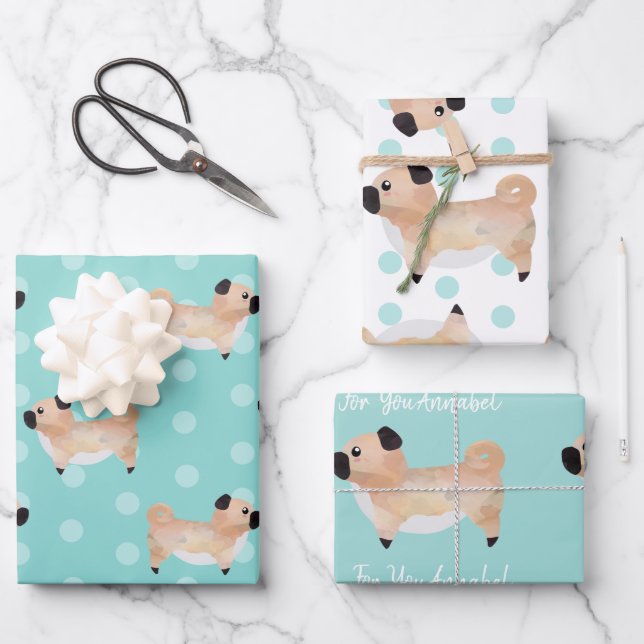 Cute Pug personalised teal patterned dog lovers Wrapping Paper Sheet (Front)