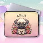Cute Pug Pink and Yellow Personalised Laptop Sleeve<br><div class="desc">Cute tablet case for a girl. Adorable pug in pink flowers personalised case.</div>