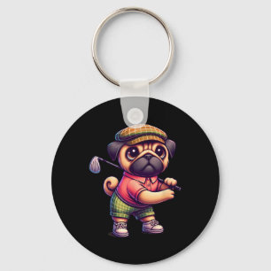 Cute Pug Playing Golf Golfer Golfing Sport Men Wom Key Ring