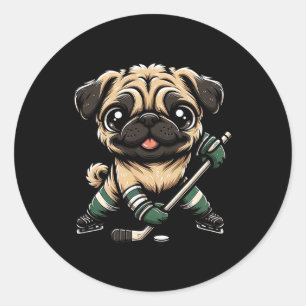 Cute Pug Playing Ice Hockey Dog Design Men Women G Classic Round Sticker